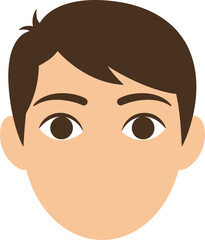 Close up of a young man's face with brown hair and expressive brown eyes front view isolated on transparent background