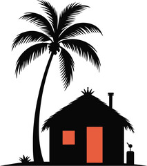 Tropical hut and palm tree silhouette with warm light glowing from windows