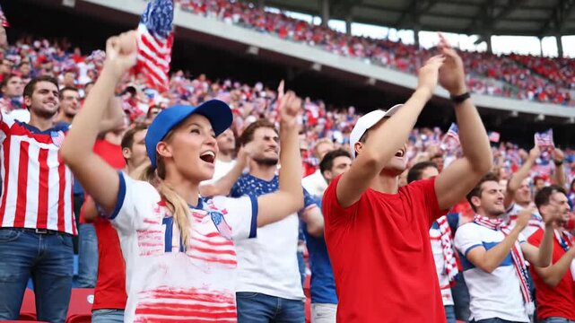 Excited american fans with usa flags cheering for their national team. Supporters celebrating a goal at a sport event in a stadium - Powered by Adobe