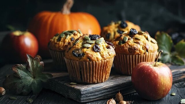 A beautifully styled autumnal still life showcases a delectable arrangement of freshly baked golden muffins, generously topped with plump raisins and vibrant green pumpkin seeds. These tempting pastri