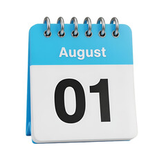 August 1st calendar page isolated on transparent background, representing a specific date and event