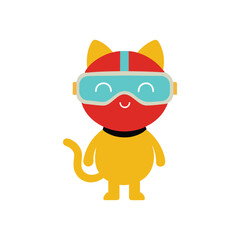 Cute cartoon cat wearing red and blue goggles and a yellow suit ready for adventure. cat icon.