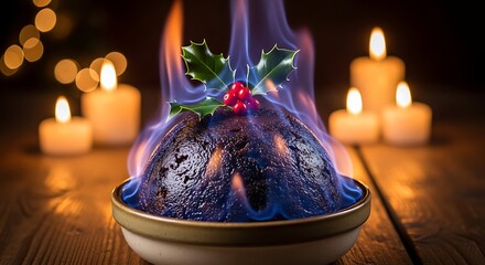 Flaming Christmas Pudding with Holly Berries and Candlelight Glow.