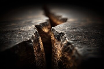 Fototapeta premium Deep, textured split in dark, rough material, close up macro view