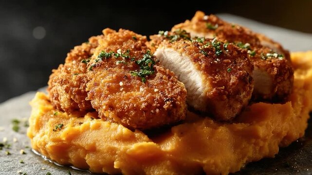 A close-up shot of a plate filled with juicy meat and creamy mashed potatoes, perfect for editorial or commercial use