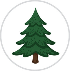 Stylized green christmas tree icon with brown trunk inside white circle simple flat design isolated on transparent background