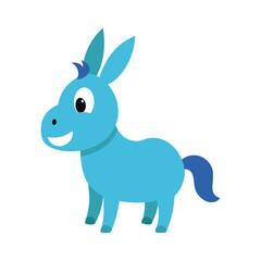 Cute cartoon blue donkey with big eyes and a cheerful smile standing on a white background