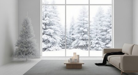 Ethereal Winter Calm - Minimalist White Interior with a View of Snowy Pines.
