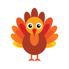 Cute cartoon turkey with colorful fanned out tail feathers and big eyes for thanksgiving