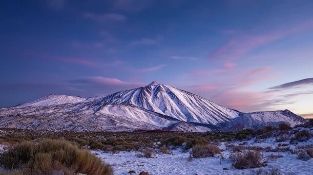 A breathtaking panoramic view of a majestic snow-covered mountain peak, standing prominently against a vibrant, colorful sky at dawn or dusk. The sky showcases stunning gradients of deep blue, soft pu
