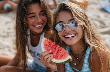 two beautiful young women in stylish outfits, laughing and eating watermelon on the beach at sunset