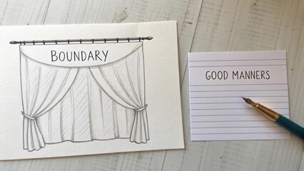 Softly Drawn Sketch of Curtain with Boundary and Good Manners Text