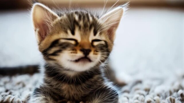 Close up of a cute little tabby kitten yawning with its mouth wide open. The small feline is feeling sleepy and finally closes its eyes