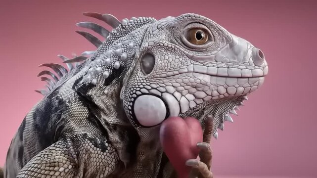 Close-up of a lizard holding a heart against a pink backdrop, showcasing texture and detail