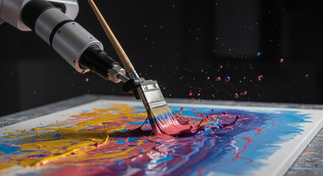 A precision robotic arm delicately holding a paintbrush, creating a beautiful abstract painting on a canvas. Splatters of vibrant paint are frozen in motion. The scene is a blend of technical precisio