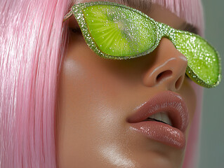 A close-up of a woman with glossy lips and pink hair wearing sparkling kiwi slice sunglasses. Pop-art inspired fashion with vibrant texture and surreal detail.