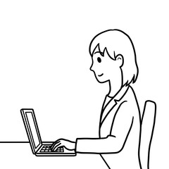 笑顔の女性　パソコン作業中（線画のみ・横向き）