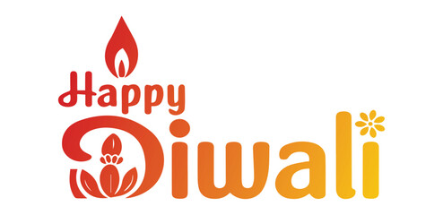 A festive and colorful "Happy Diwali" text design featuring a stylized diya lamp and decorative floral elements on a white background.