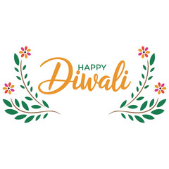 Elegant golden happy diwali text with floral embellishments and festive greetings
