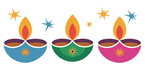 Three colorful traditional indian diyas illuminated with bright flames and sparkling stars