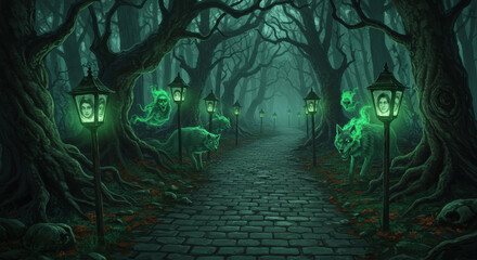 Halloween Sinister Tree Spirits Floating Through Gloomy Haunted Lane