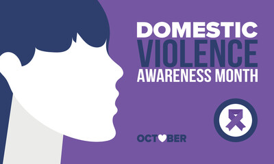 Domestic Violence Awareness Month in October. Celebrate annual in United States. Awareness purple ribbon. Day of Unity. Prevention campaign. Stop women abuse. Poster, banner and background. Vector