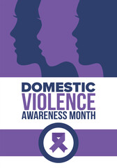 Domestic Violence Awareness Month in October. Celebrate annual in United States. Awareness purple ribbon. Day of Unity. Prevention campaign. Stop women abuse. Poster, banner and background. Vector