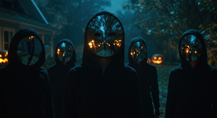 Halloween Jack-o'-Lantern Gathering Around Flickering Candles in Shadowy Forest