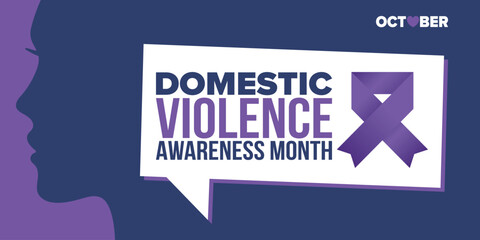 Domestic Violence Awareness Month in October. Celebrate annual in United States. Awareness purple ribbon. Day of Unity. Prevention campaign. Stop women abuse. Poster, banner and background. Vector