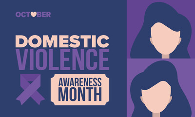 Domestic Violence Awareness Month in October. Celebrate annual in United States. Awareness purple ribbon. Day of Unity. Prevention campaign. Stop women abuse. Poster, banner and background. Vector