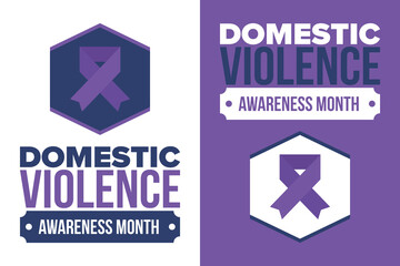 Domestic Violence Awareness Month in October. Celebrate annual in United States. Awareness purple ribbon. Day of Unity. Prevention campaign. Stop women abuse. Poster, banner and background. Vector