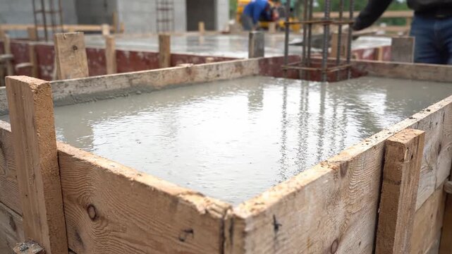 Close up view of wet cement filling a wooden formwork for a building's foundation. Construction workers are pouring a concrete slab on site
