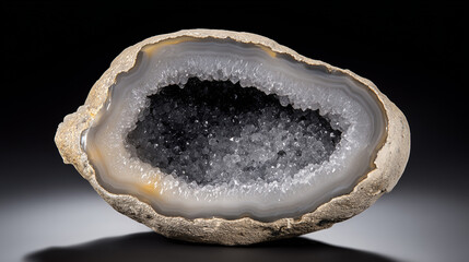 density. Macro view of a rough geode core in a polished shell on dark slate, dramatic side lighting. STEM education sheets.