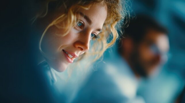 Colleagues engaging in product demonstration office environment professional interaction collaborative testing close-up viewpoint