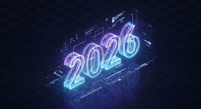 Futuristic glowing neon numbers '2026' displayed on a dark, abstract digital background with circuit board elements.