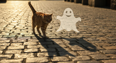 Halloween Shadow Encounter—Cat Meets Cheery Phantom in Golden Light