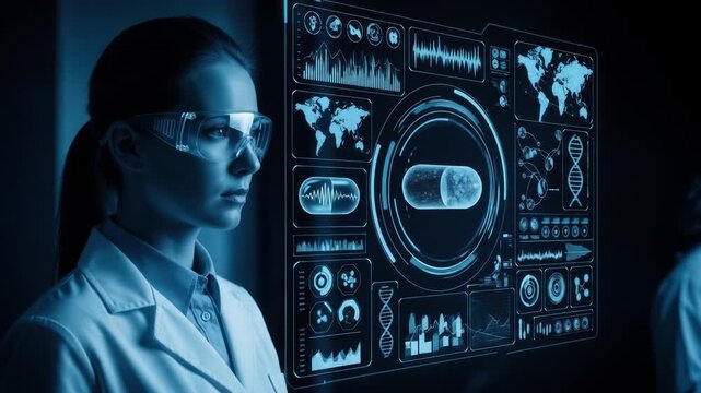 Female scientist in a lab coat analyzing pharmaceutical data on a futuristic holographic screen. - Powered by Adobe
