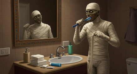 Halloween Bandaged Creature Brushing Teeth in Vintage Horror Washroom
