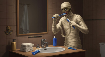 Halloween Mummy's Morning Routine Getting Ready in Spooky Bathroom Mirror