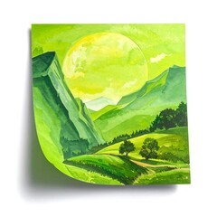 Green Landscape with Moon Watercolor Painting on Sticky Note.