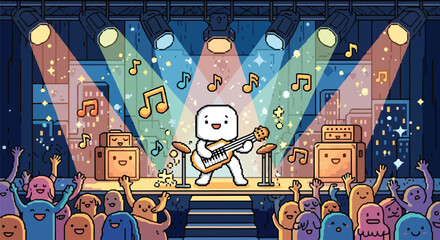 Cute animated character playing guitar on a colorful concert stage vector design