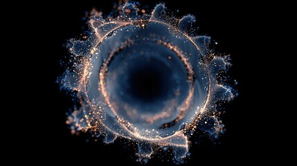 A luminous, abstract vortex of swirling, nebulous particles, centered against a stark black background
