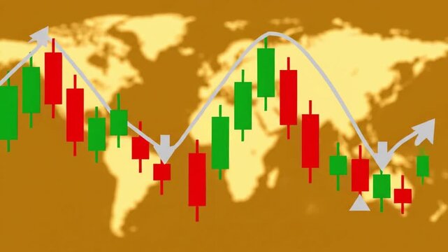 Elegant looping 2D animation of green and red candlestick charts with arrows tracking the price movement. Golden blurred world map background symbolizes global trading dynamics. Smooth motion, minimal