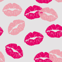 Pink lip prints on a gray background. Seamless vector pattern, print, illustration for Valentine's Day. Seamless pattern with red lips on a light background. Vector illustration.