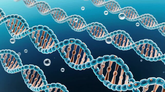 3D scientific visualization of hemocyanin protein or DNA-like molecular structure floating in azure solution with copper tones, soft bokeh, and white background representing biotechnology research.