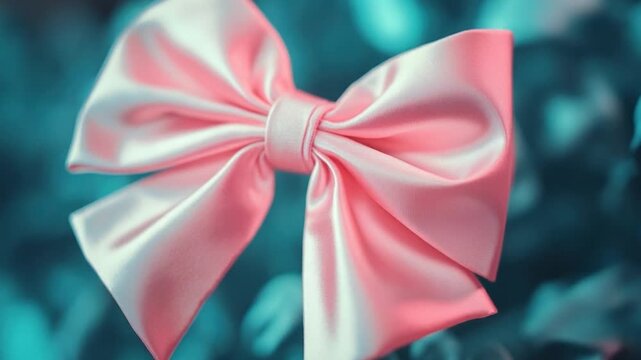 A close-up shot of a pink bow against a bright blue background