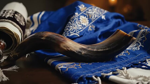 Jewish religious symbols on a wooden table. A shofar, Torah scroll, and tallit representing the high holidays of Rosh Hashanah and Yom Kippur