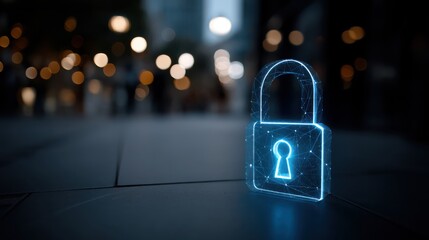 Digital security icon blue padlock overlay on blurred background technology visuals modern aesthetics