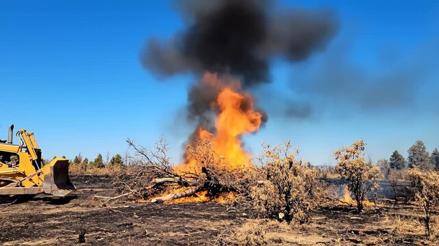 Flames erupting in a large explosion from a pile of dry brush and trees. A bulldozer sits nearby after clearing the land in a field