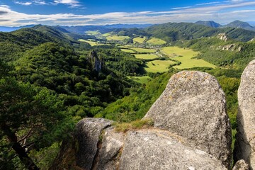 Panoramic view of the Súľov Valley and the village of Súľov Hradná from the top of the beautiful Súľov Rocks